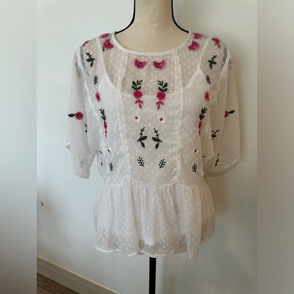 Blue rain blouse, top floral, white, sheer lining SZ XS